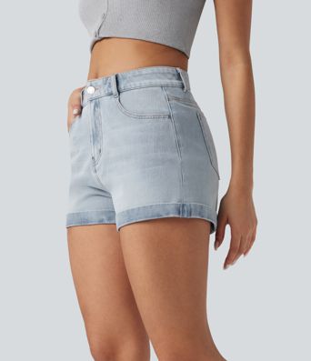 Halara Flex™ - Lässige Shorts aus elastischem Strick-Denim mit mittelhohem Bund, mehreren Taschen, Knopf und Reißverschluss - 7,6 cm