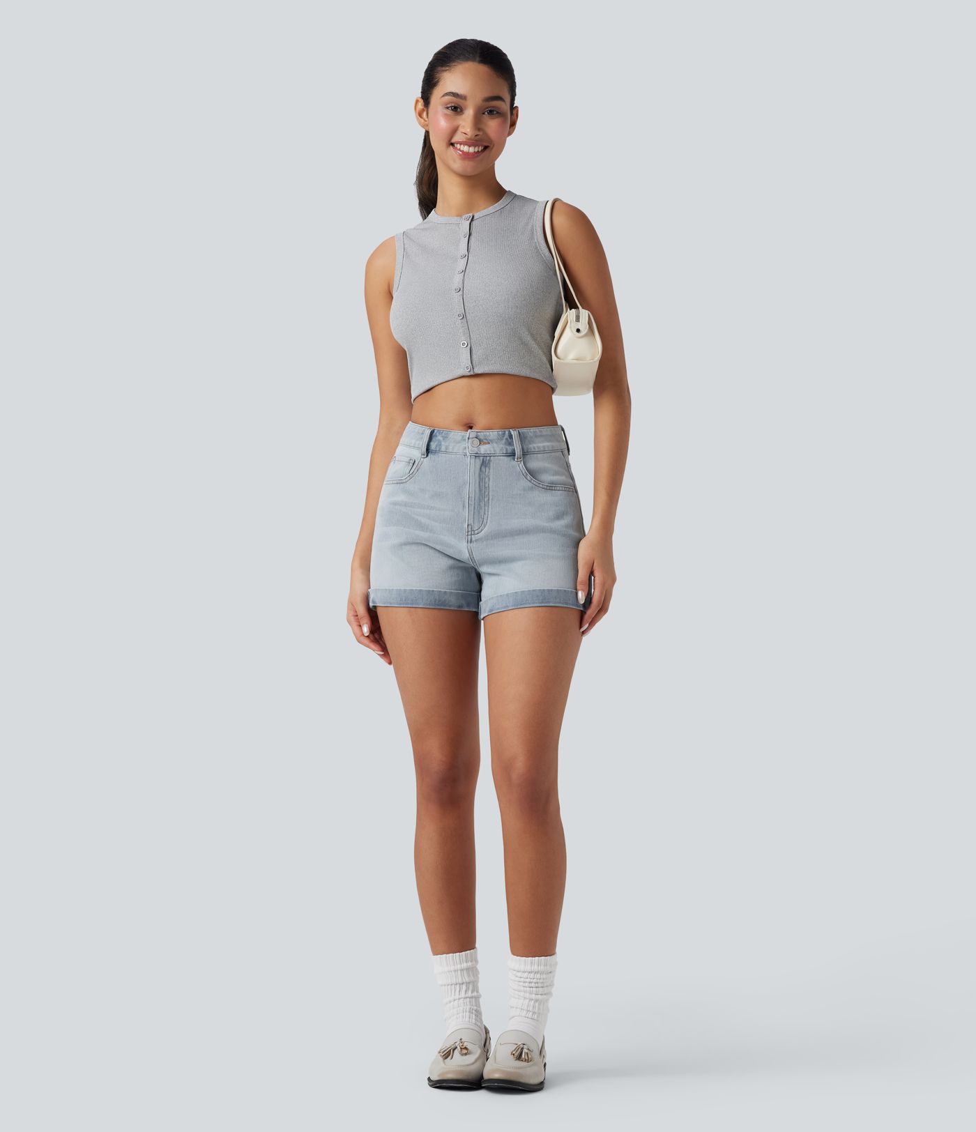 Halara Flex™ - Lässige Shorts aus elastischem Strick-Denim mit mittelhohem Bund, mehreren Taschen, Knopf und Reißverschluss - 7,6 cm