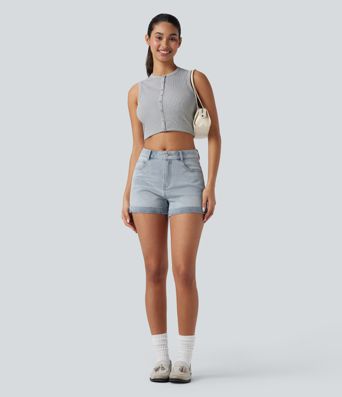 Halara Flex™ - Lässige Shorts aus elastischem Strick-Denim mit mittelhohem Bund, mehreren Taschen, Knopf und Reißverschluss - 7,6 cm