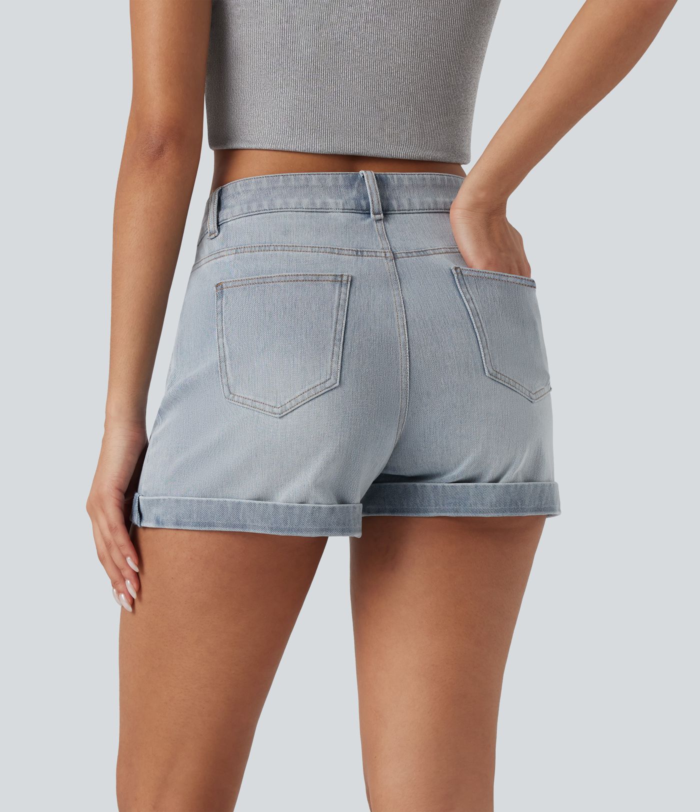 Halara Flex™ - Lässige Shorts aus elastischem Strick-Denim mit mittelhohem Bund, mehreren Taschen, Knopf und Reißverschluss - 7,6 cm