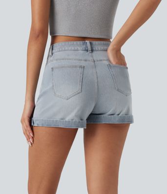 Halara Flex™ - Lässige Shorts aus elastischem Strick-Denim mit mittelhohem Bund, mehreren Taschen, Knopf und Reißverschluss - 7,6 cm
