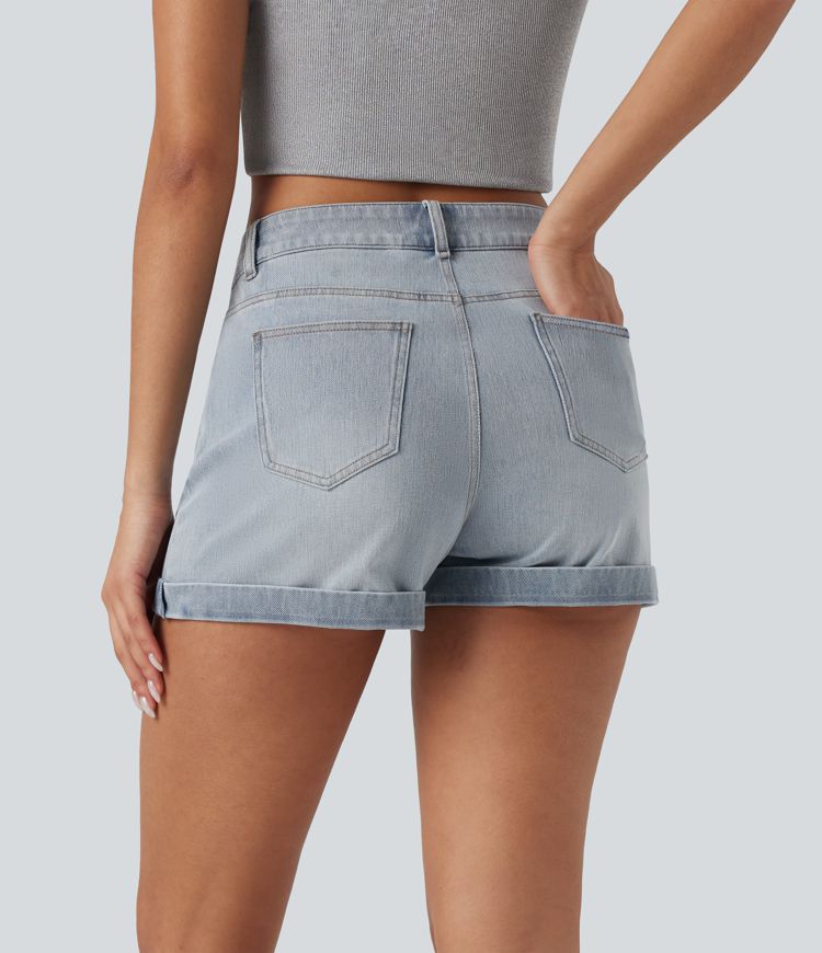 Halara Flex™ - Lässige Shorts aus elastischem Strick-Denim mit mittelhohem Bund, mehreren Taschen, Knopf und Reißverschluss - 7,6 cm