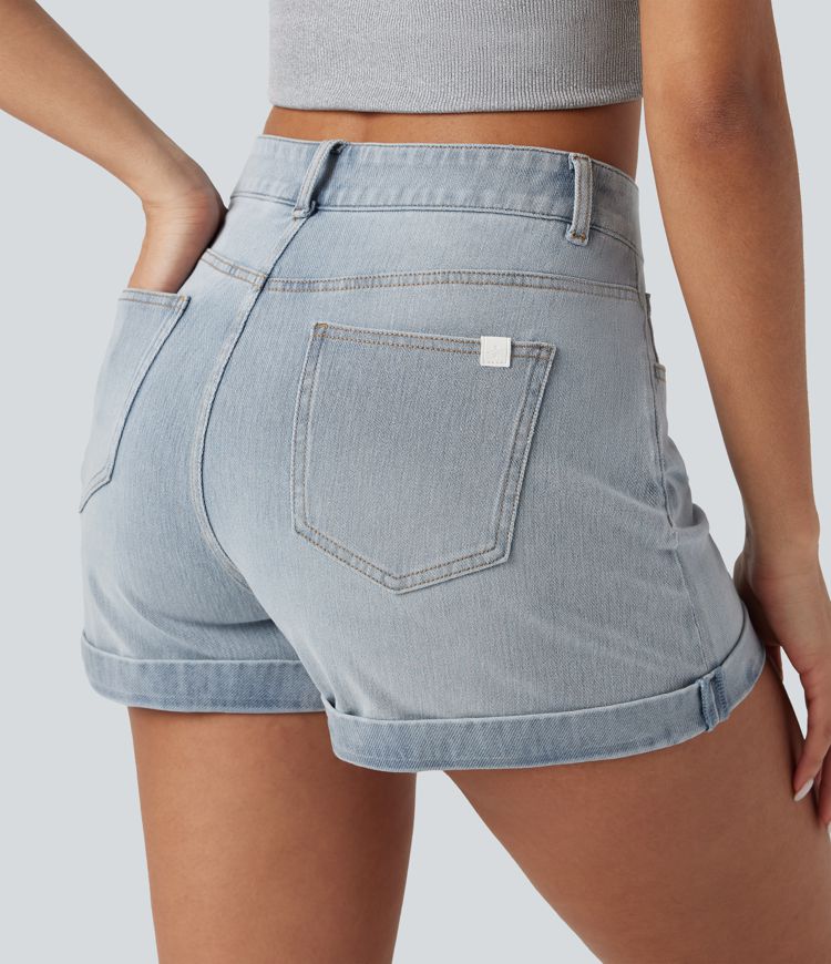 Halara Flex™ - Lässige Shorts aus elastischem Strick-Denim mit mittelhohem Bund, mehreren Taschen, Knopf und Reißverschluss - 7,6 cm