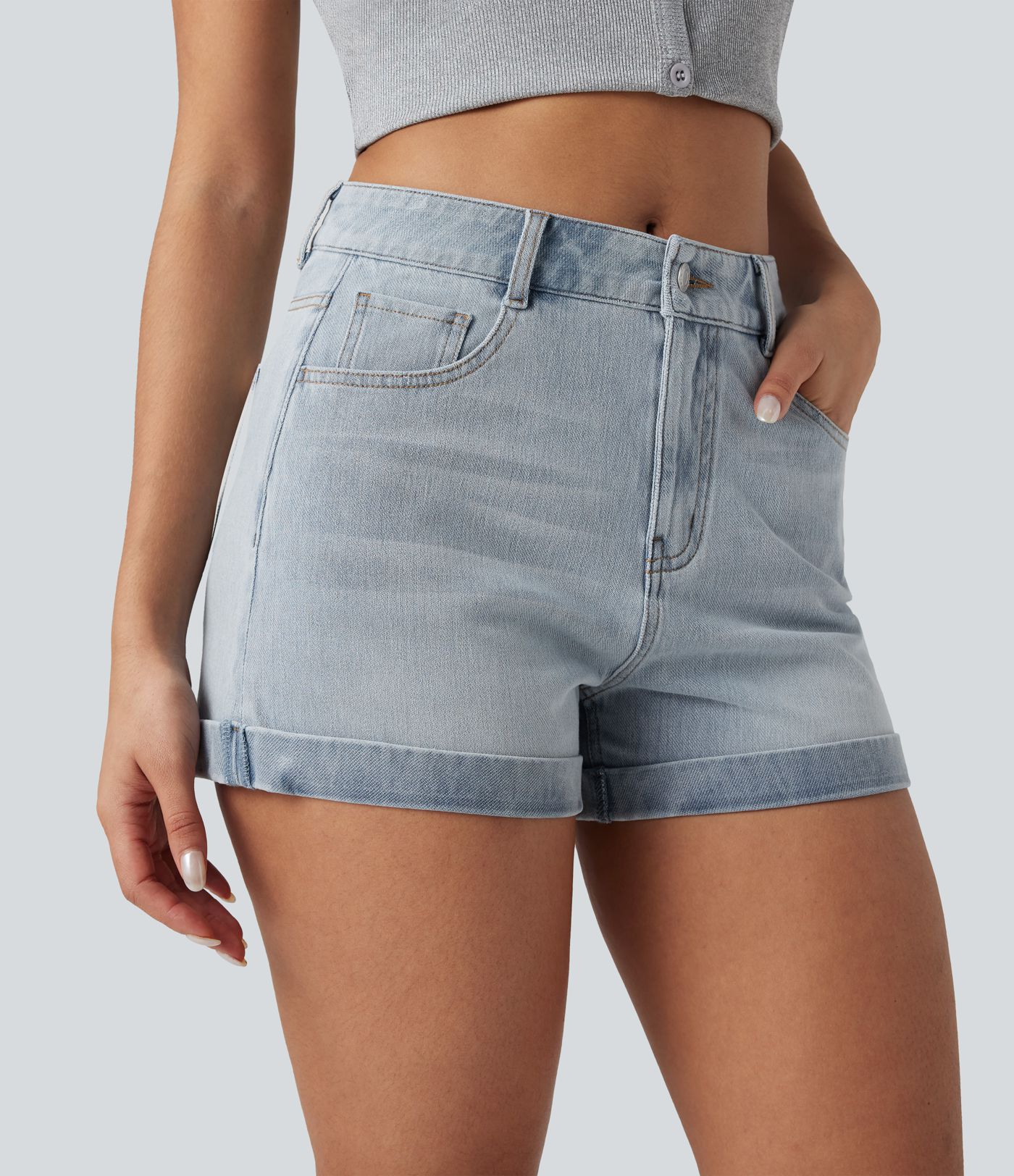 Halara Flex™ - Lässige Shorts aus elastischem Strick-Denim mit mittelhohem Bund, mehreren Taschen, Knopf und Reißverschluss - 7,6 cm
