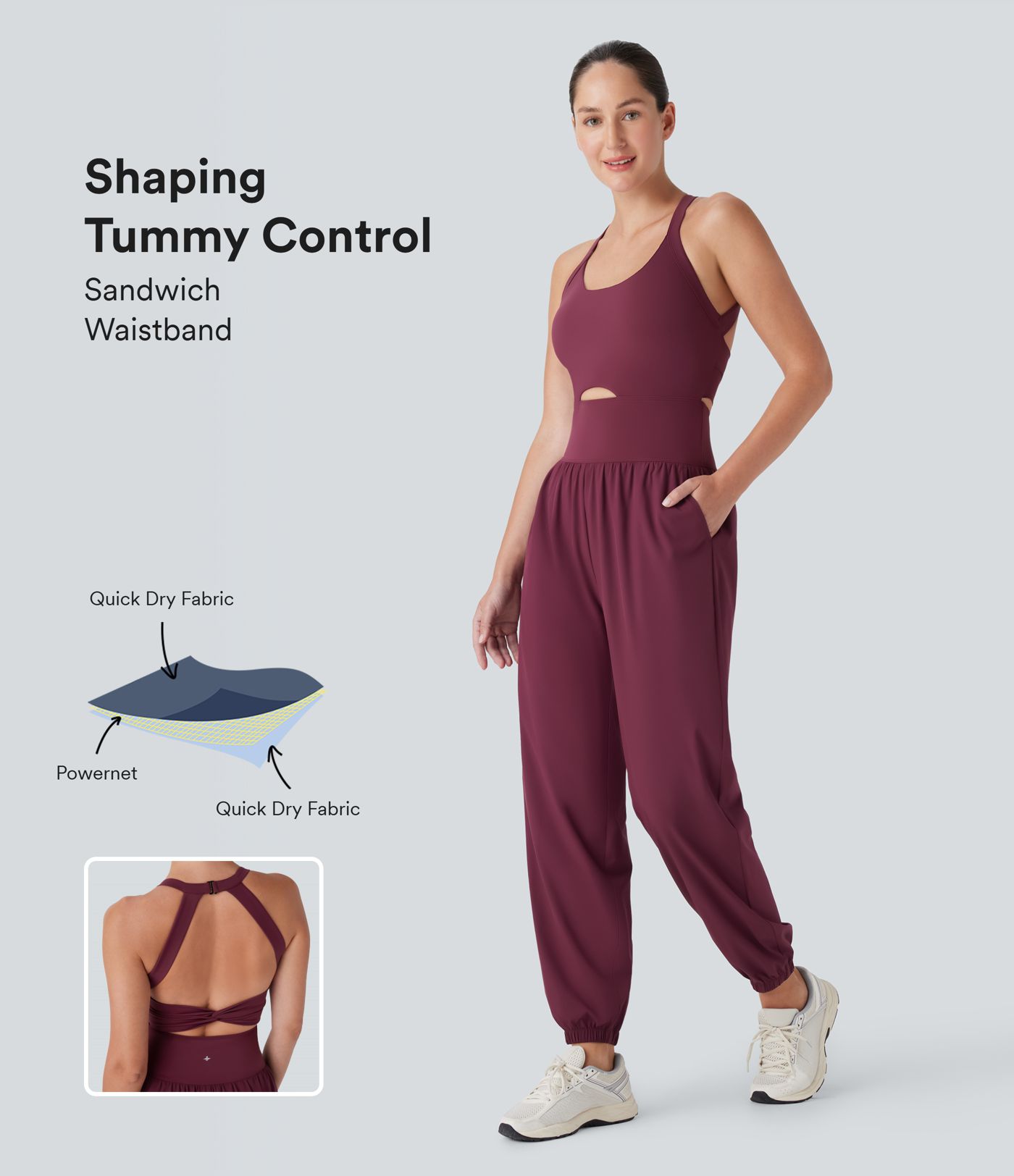 Breezeful™ U Neck Cu Out Tummy Control Pocket Quick Dry Yoga Jumpsuit