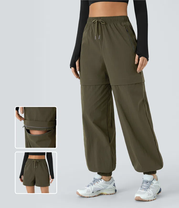 Water Repellent Convertible Zip Off High Waisted Drawstring Pocket Ripstop Hiking Pants