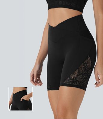 Softlyzero™ High Waisted Crossover Contrast Lace Yoga Biker Shorts 7'' with Pockets-UPF50+