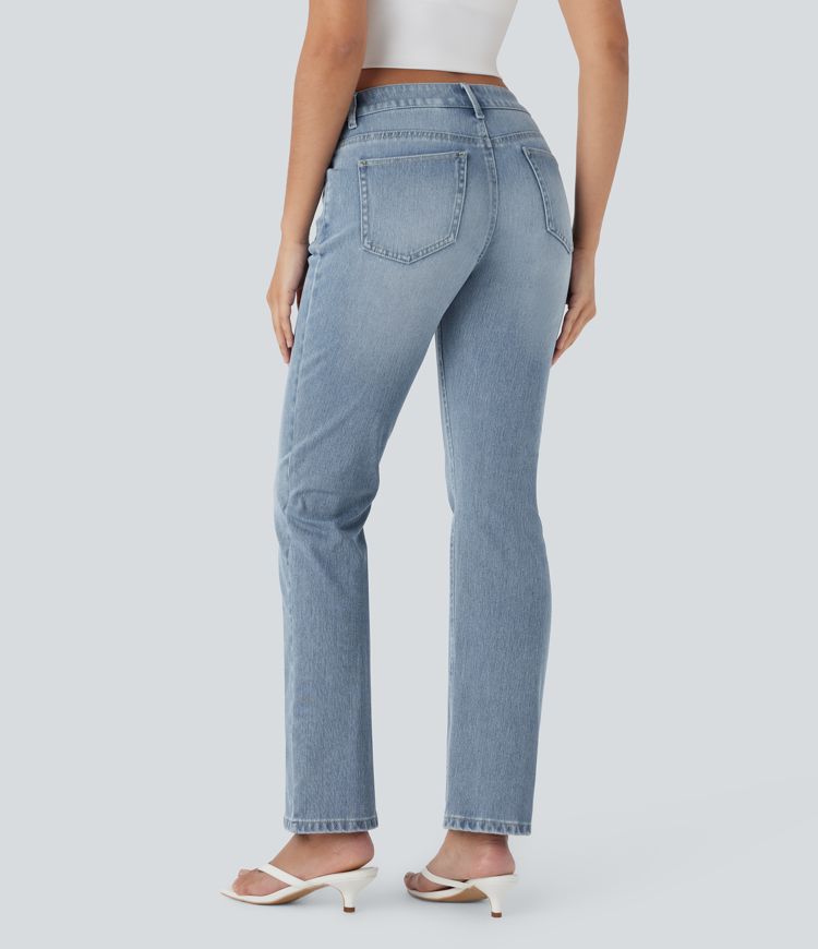 Halara Flex™ Lässige verwaschene Bootcut-Jeans aus elastischem Strick-Denim mit niedrigem Bund, Knopf, Reißverschluss und mehreren Taschen