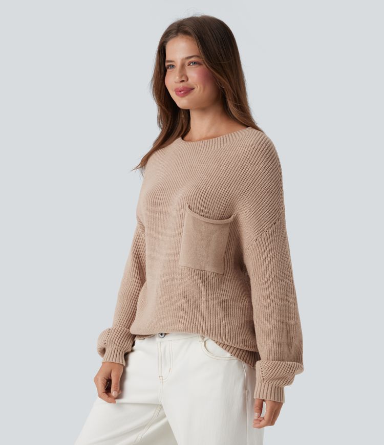 Dropped Shoulder Long Sleeve Casual Sweater with Pocket