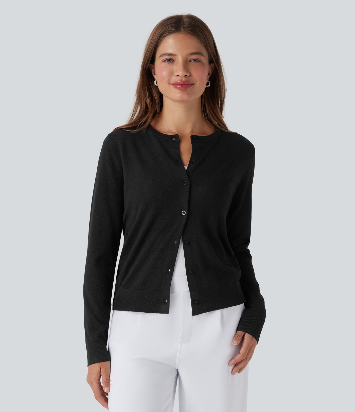 Round Neck Long Sleeve Work Wool-Blend Cardigan