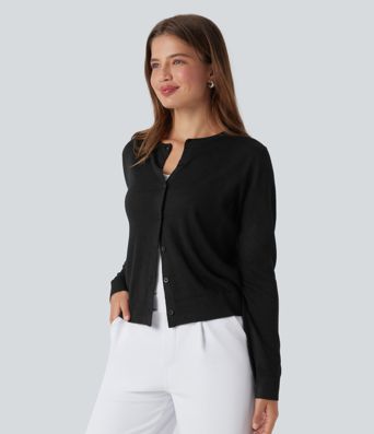 Round Neck Long Sleeve Work Wool-Blend Cardigan