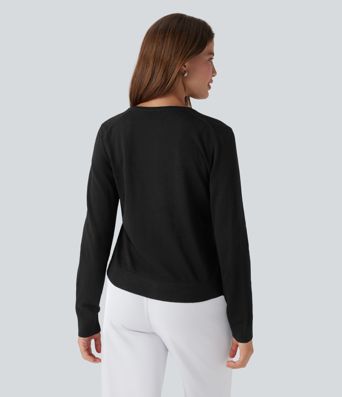 Round Neck Long Sleeve Work Wool-Blend Cardigan