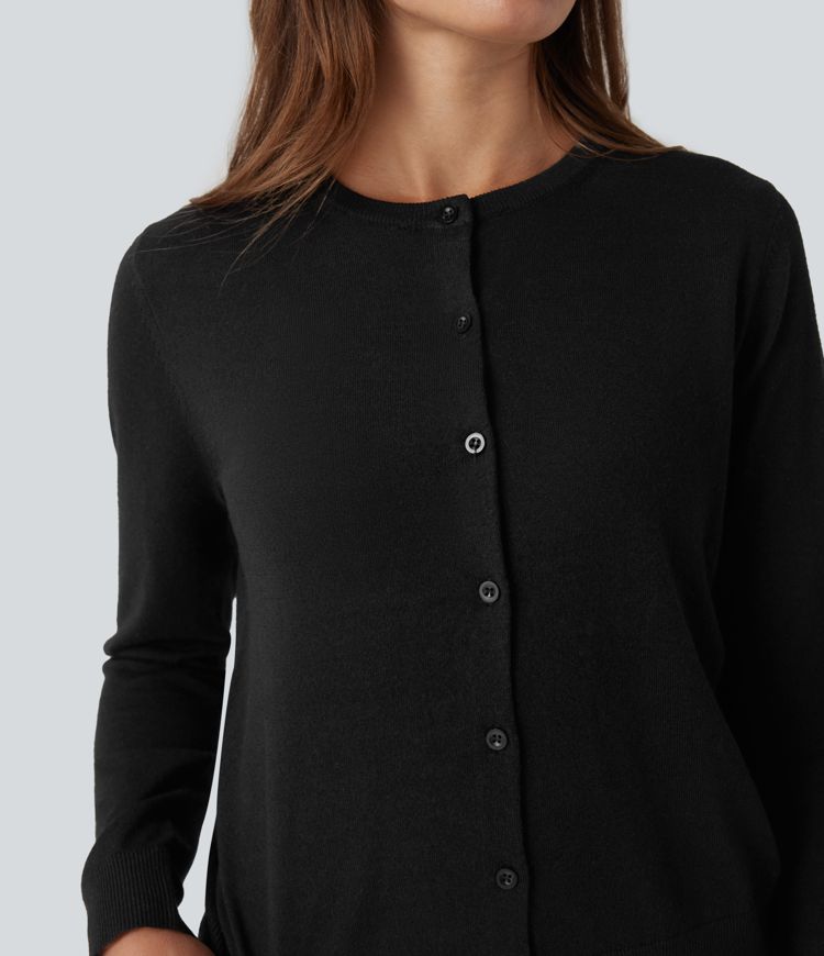 Round Neck Long Sleeve Work Wool-Blend Cardigan