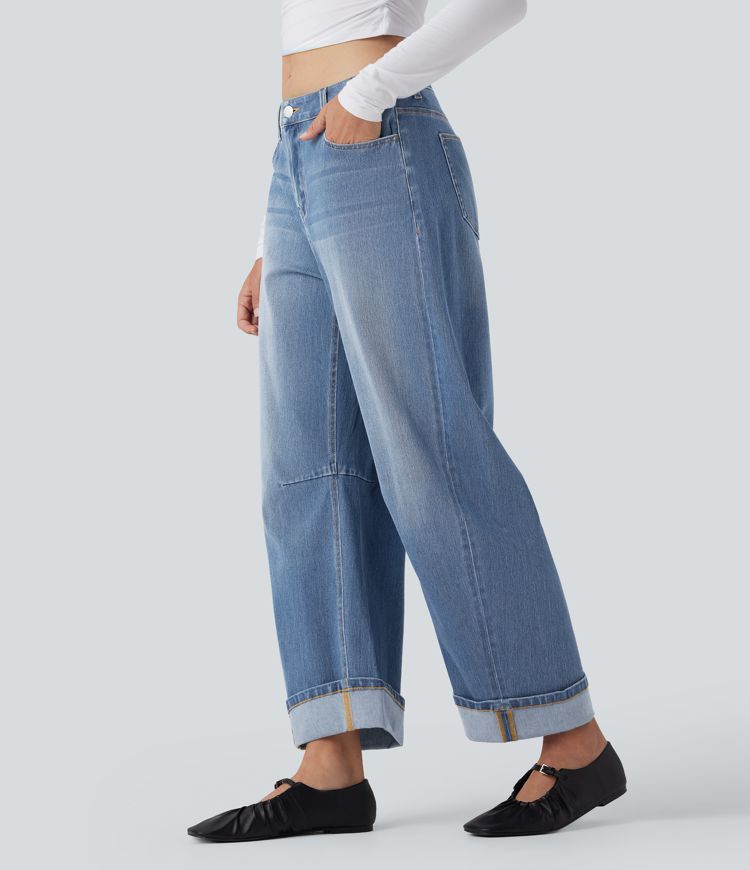 Halara Flex™ Mid Rise Barrel Leg Washed Casual Jeans with Pockets