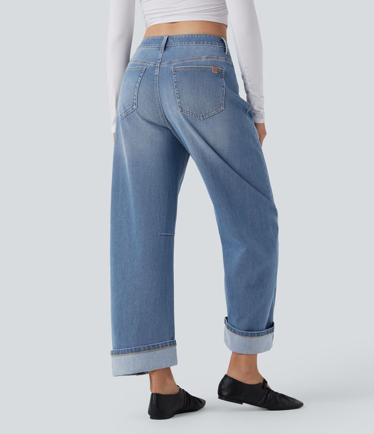 Halara Flex™ Mid Rise Barrel Leg Washed Casual Jeans with Pockets