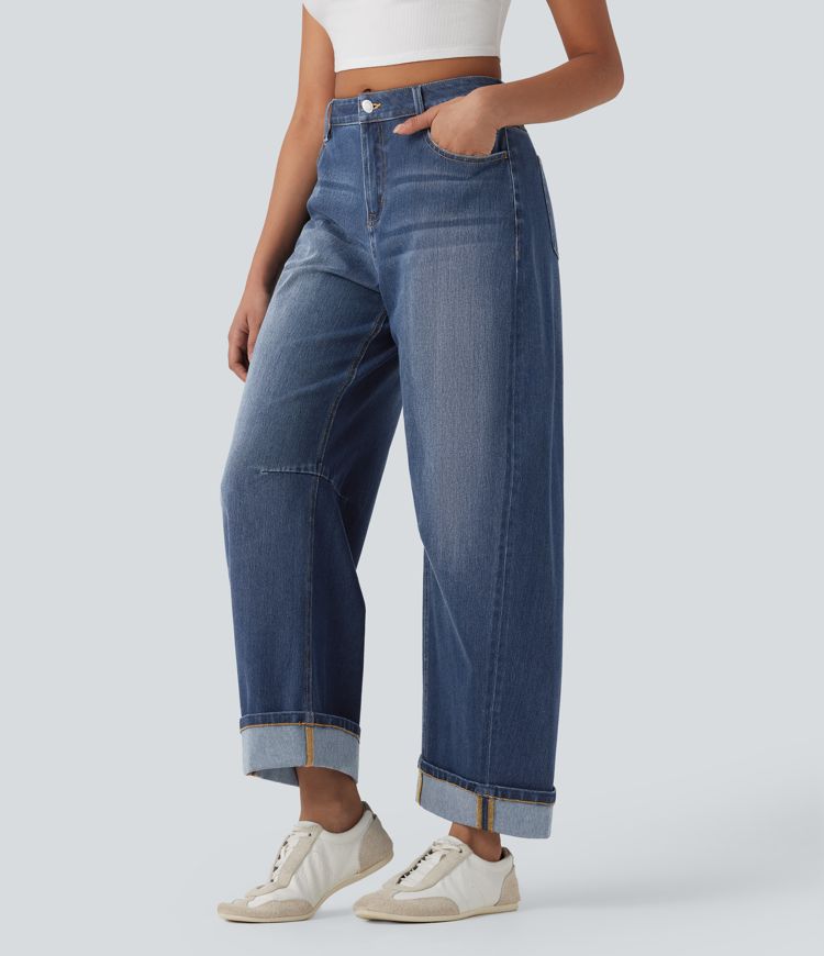 Halara Flex™ Mid Rise Barrel Leg Washed Casual Jeans with Pockets