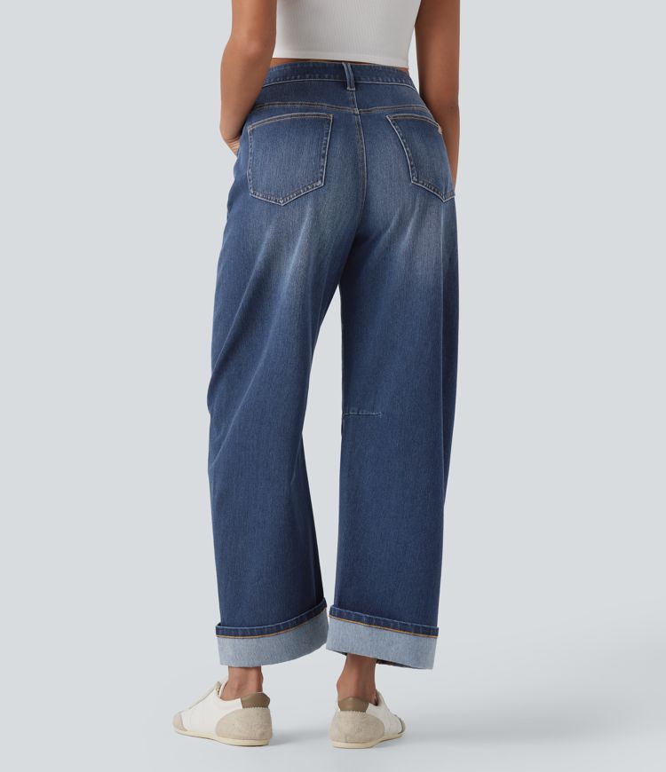 Halara Flex™ Mid Rise Barrel Leg Washed Casual Jeans with Pockets