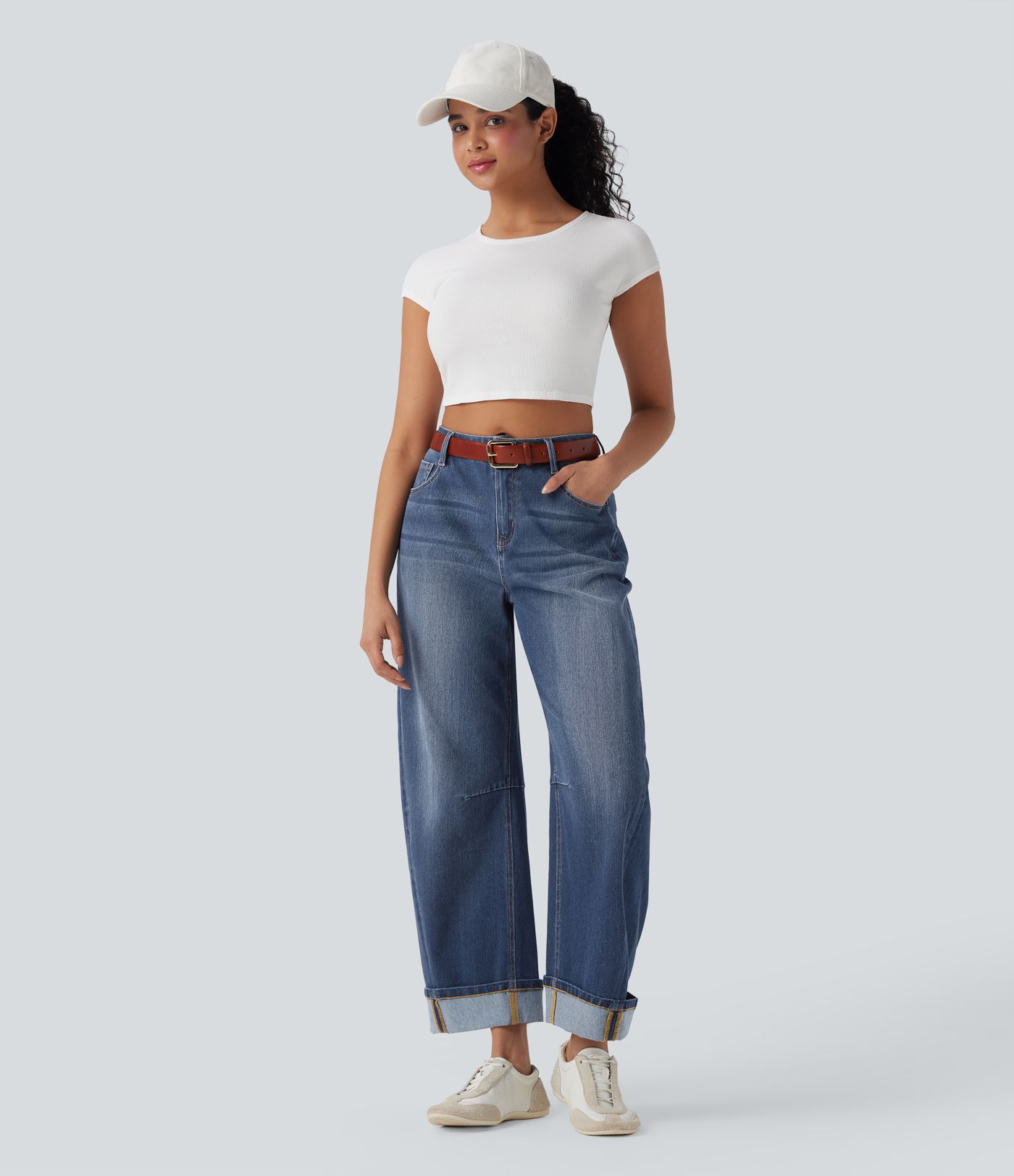 Halara Flex™ - Lässige, gewaschene Barrel-Leg-Jeans mit mittelhohem Bund und mehreren Taschen