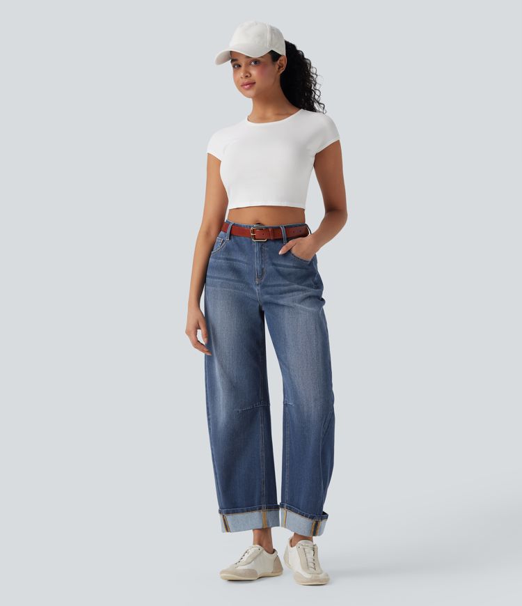 Halara Flex™ - Lässige, gewaschene Barrel-Leg-Jeans mit mittelhohem Bund und mehreren Taschen