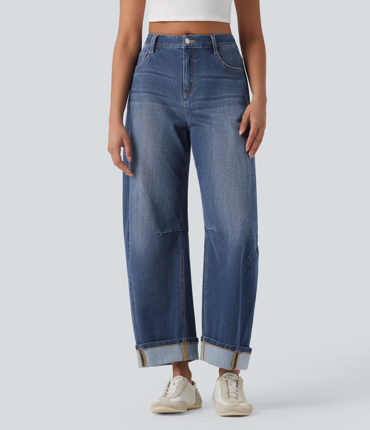 Halara Flex™ Mid Rise Barrel Leg Washed Casual Jeans with Pockets