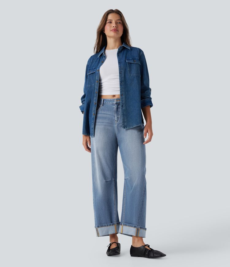 Halara Flex™ Mid Rise Barrel Leg Washed Casual Jeans with Pockets