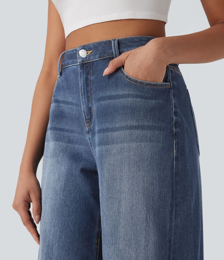 Halara Flex™ - Lässige, gewaschene Barrel-Leg-Jeans mit mittelhohem Bund und mehreren Taschen