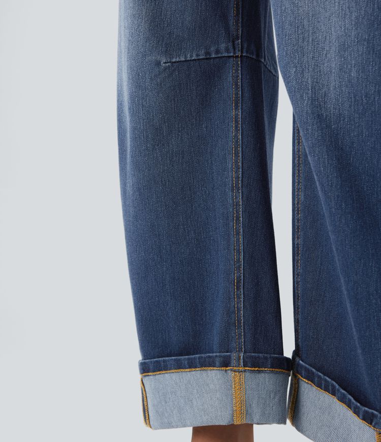 Halara Flex™ - Lässige, gewaschene Barrel-Leg-Jeans mit mittelhohem Bund und mehreren Taschen