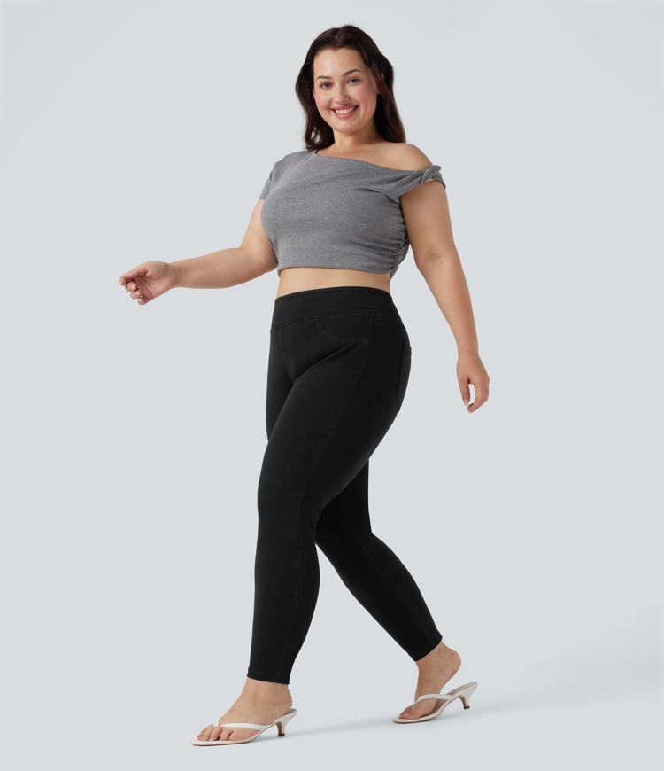 Halara Flex™ Plus Size Jeans Jeggings aus elastischem Strick-Denim mit hohem Bund und Gesäßtaschen