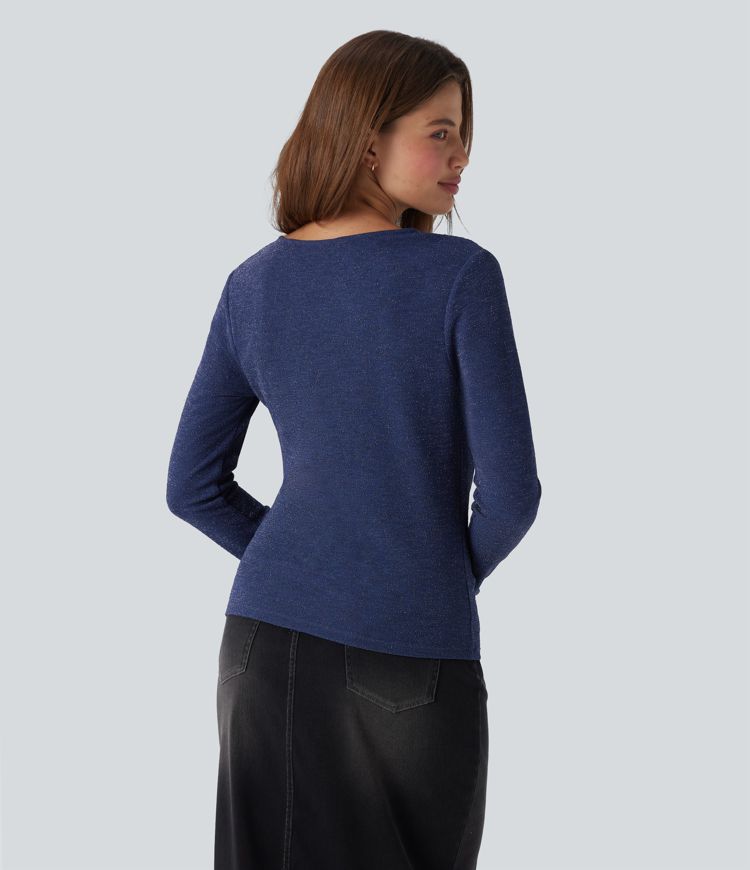 Long Sleeve Asymmetric Ruched Metallic Casual Top