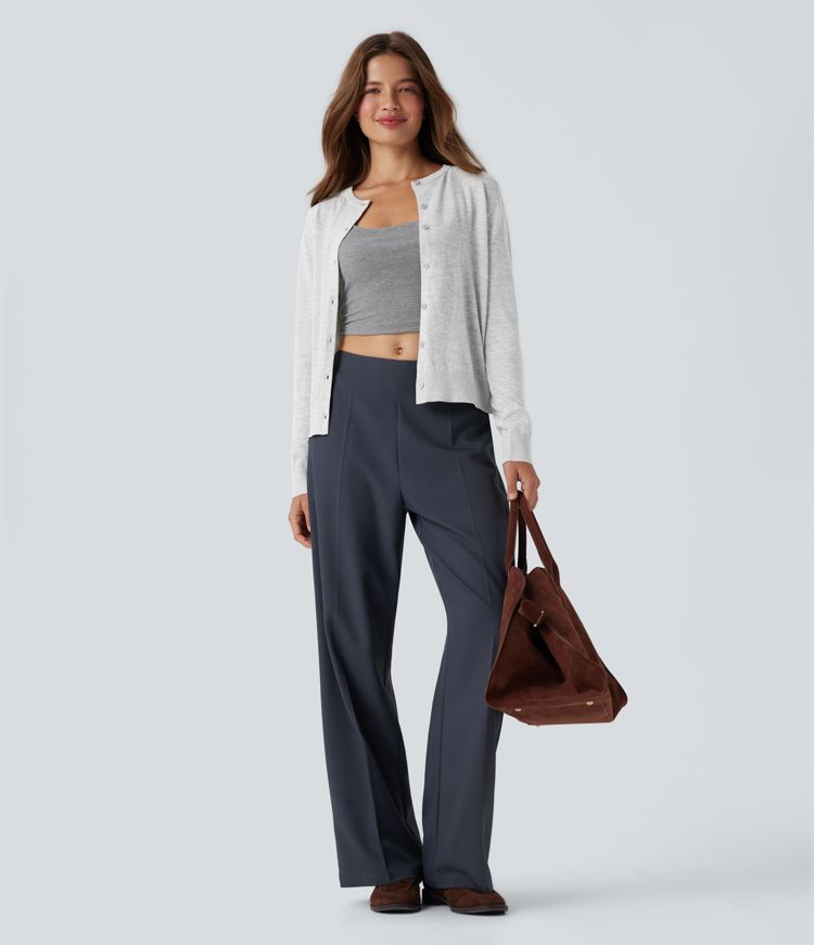 Round Neck Long Sleeve Work Wool-Blend Cardigan