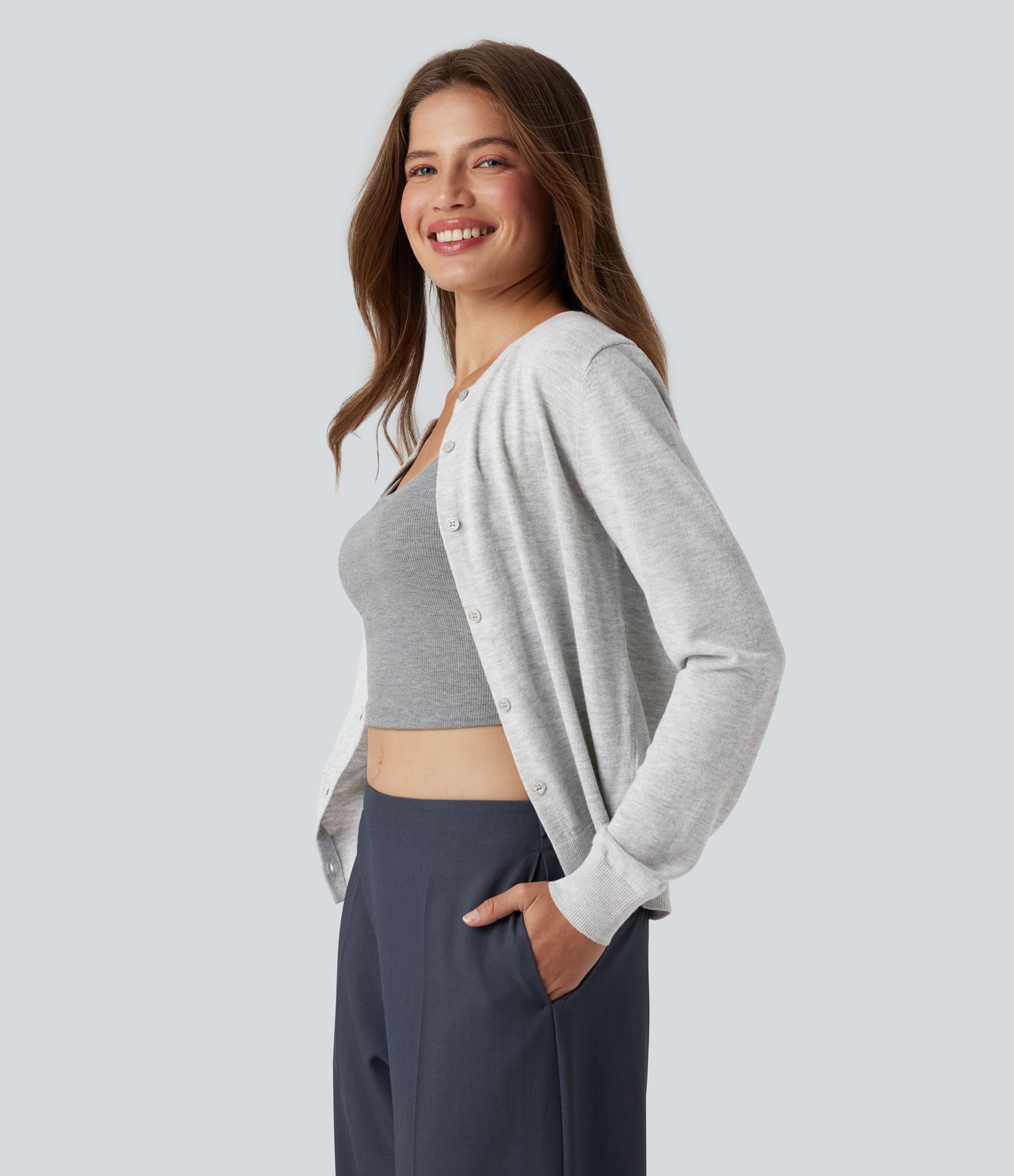 Round Neck Long Sleeve Work Wool-Blend Cardigan