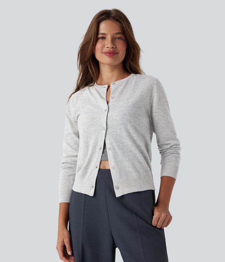 Round Neck Long Sleeve Work Wool-Blend Cardigan