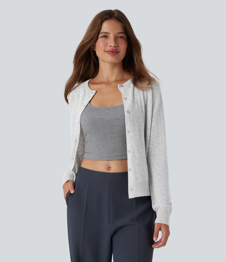 Round Neck Long Sleeve Work Wool Cardigan