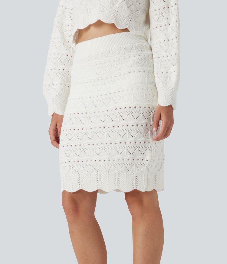 High Waisted 2-in-1 Open Knit Knee Length Casual Sweater Skirt with Pockets