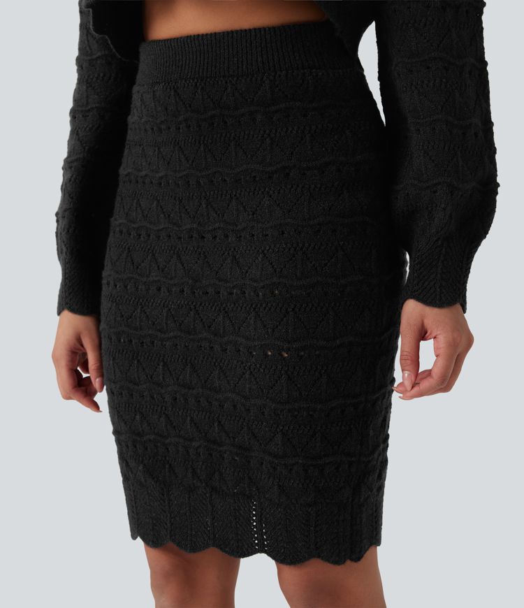 High Waisted 2-in-1 Open Knit Knee Length Casual Sweater Skirt with Pockets