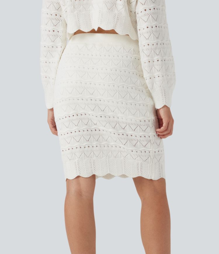 High Waisted 2-in-1 Open Knit Knee Length Casual Sweater Skirt with Pockets