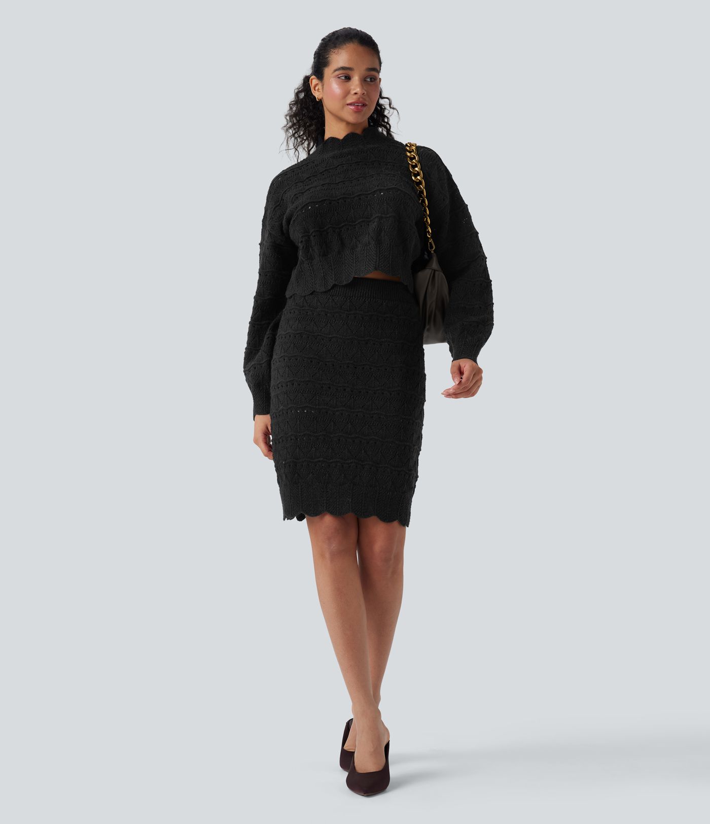 High Waisted 2-in-1 Open Knit Knee Length Casual Sweater Skirt with Pockets