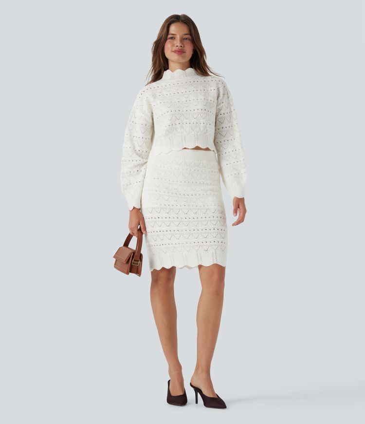 High Waisted 2-in-1 Open Knit Knee Length Casual Sweater Skirt with Pockets