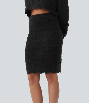High Waisted 2-in-1 Open Knit Knee Length Casual Sweater Skirt with Pockets