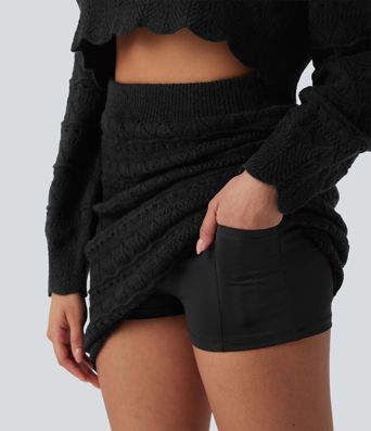 High Waisted 2-in-1 Open Knit Knee Length Casual Sweater Skirt with Pockets