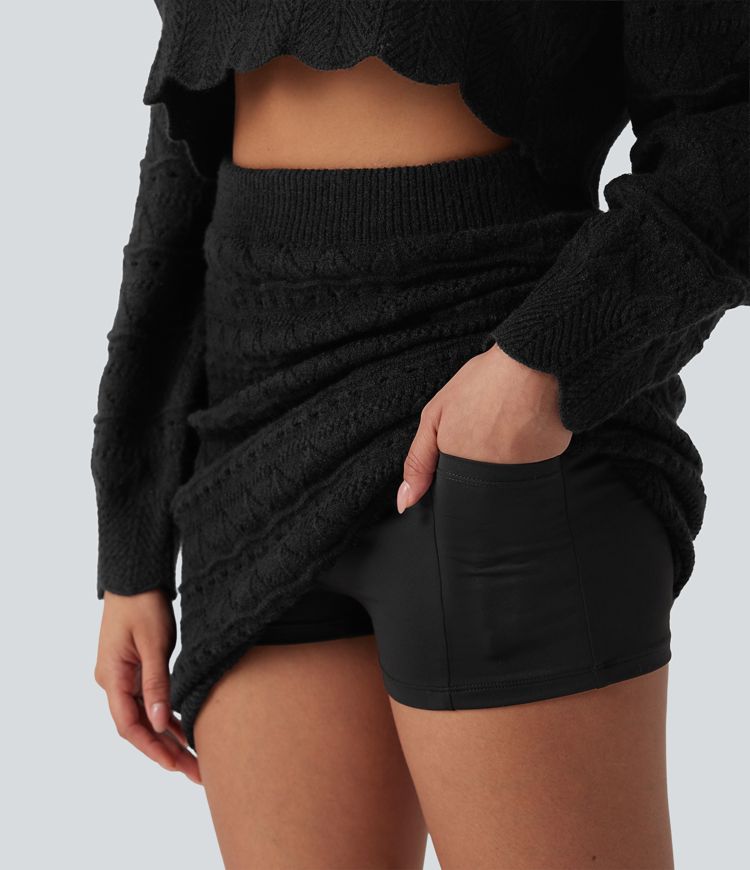 High Waisted 2-in-1 Open Knit Knee Length Casual Sweater Skirt with Pockets