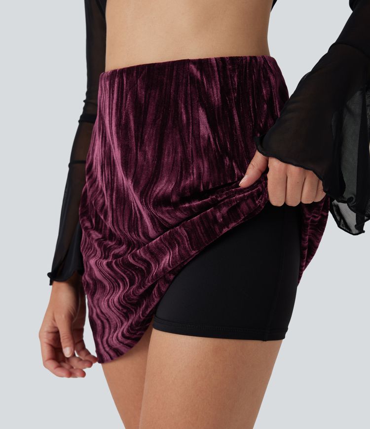 High Waisted Tummy Control 2-in-1 A Line Velvet Mini Casual Skirt