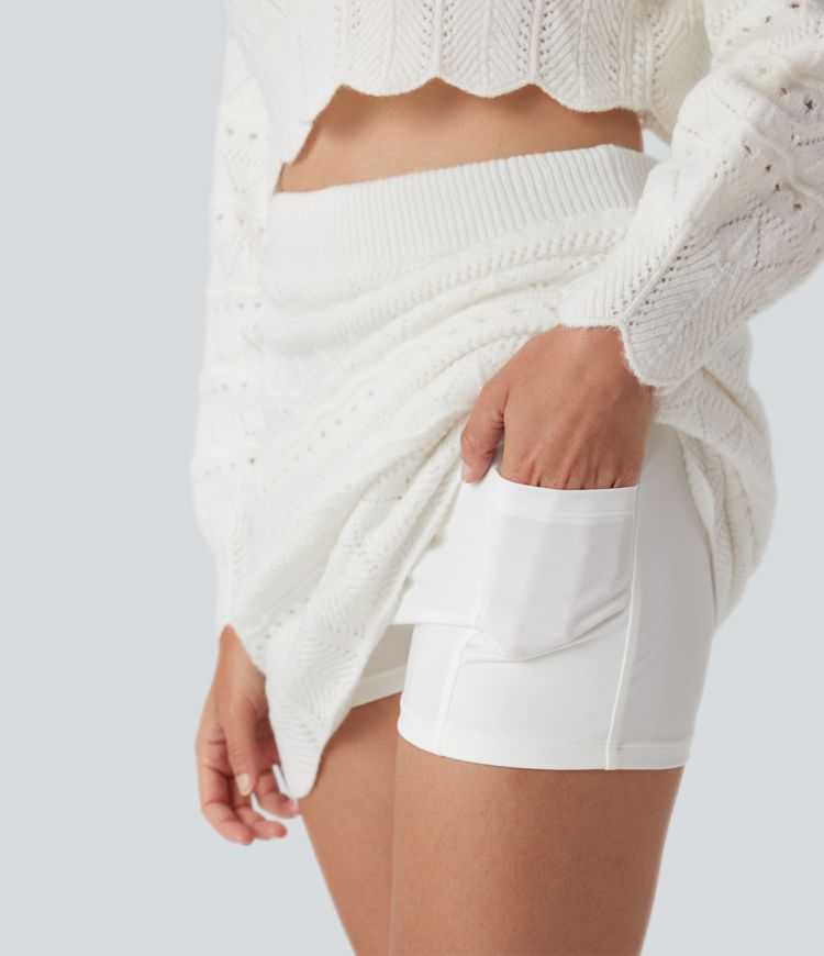High Waisted 2-in-1 Open Knit Knee Length Casual Sweater Skirt with Pockets