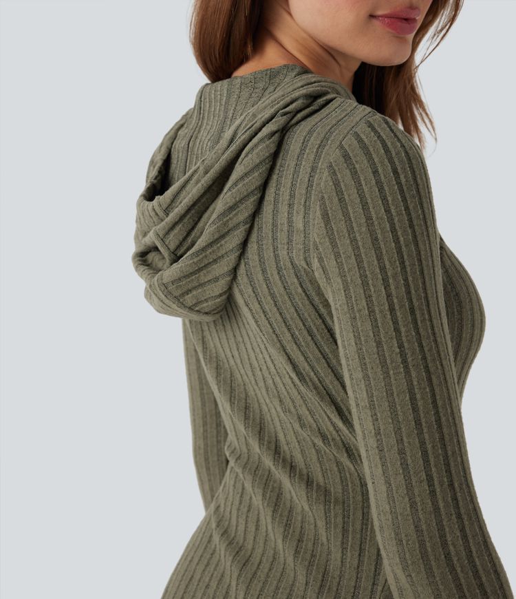 Ribbed Knit Hooded Drawstring Long Sleeve Mini Casual Dress