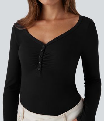 Ribbed Henley Neck Long Sleeve Casual Top