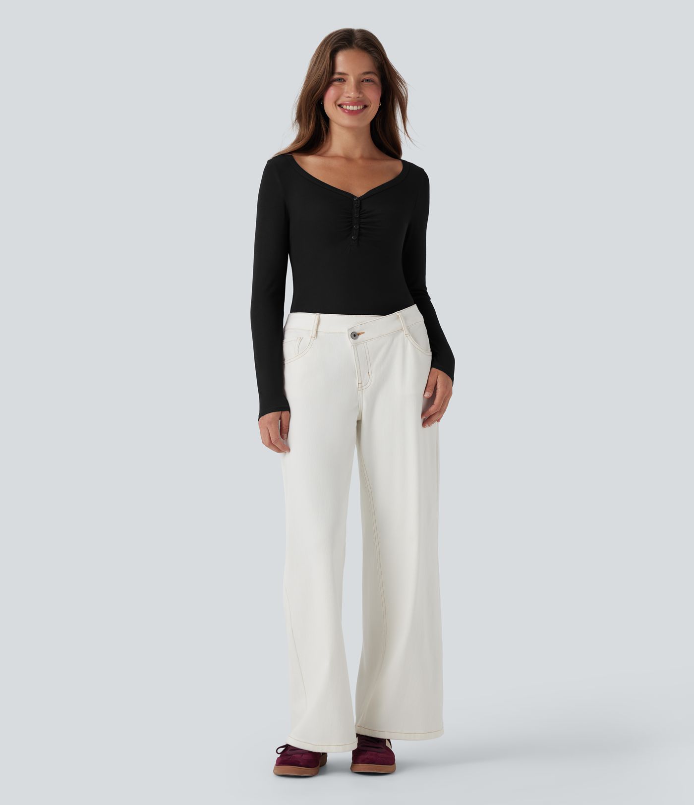 Ribbed Henley Neck Long Sleeve Casual Top