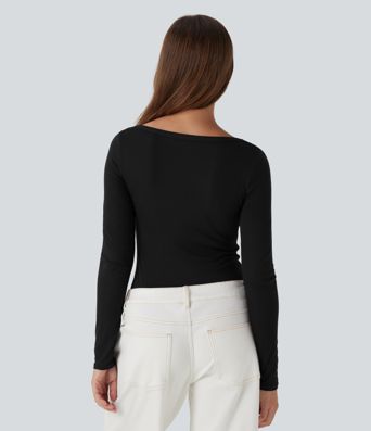 Ribbed Henley Neck Long Sleeve Casual Top