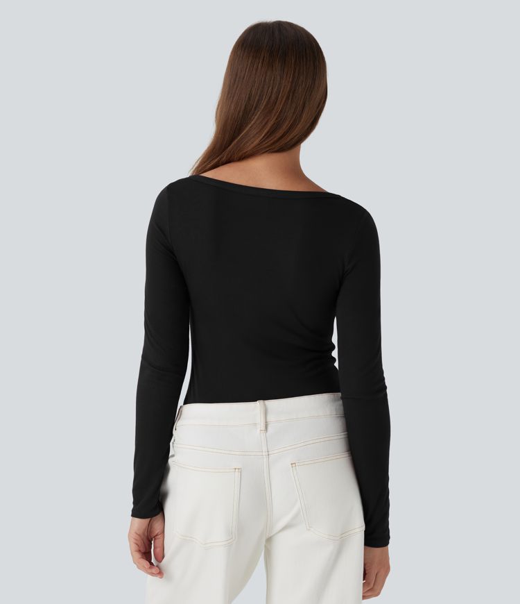 Ribbed Henley Neck Long Sleeve Casual Top