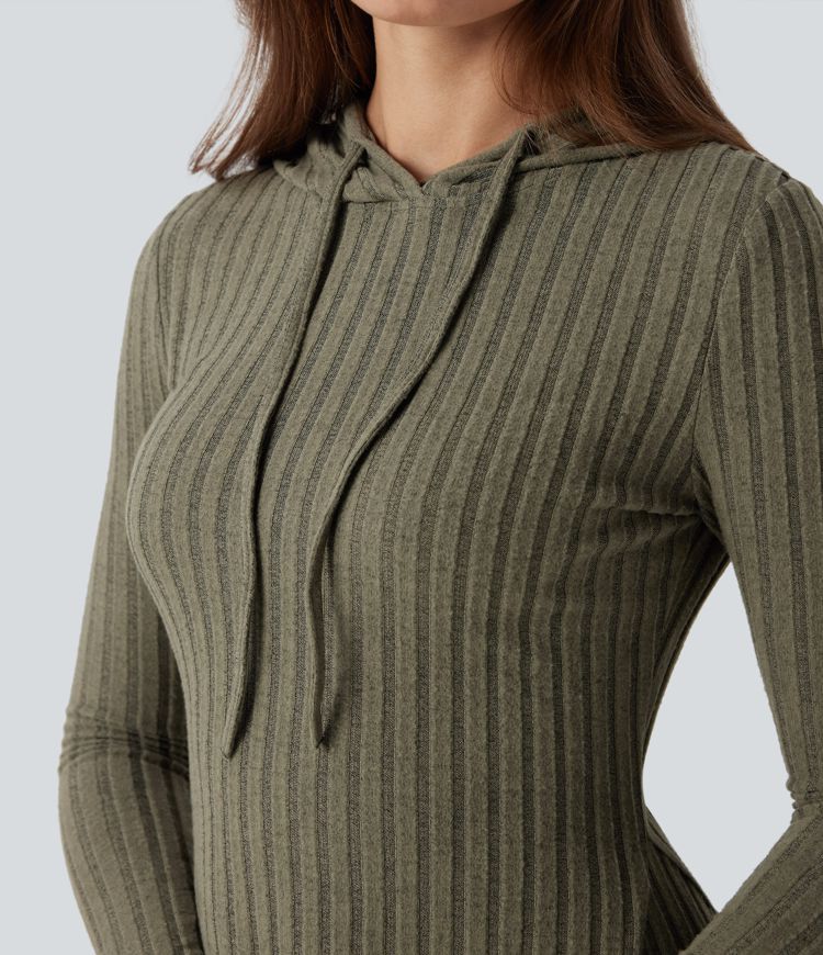 Ribbed Knit Hooded Drawstring Long Sleeve Mini Casual Dress