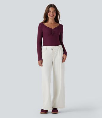 Haut tricoté à col Henley, manches longues et coupe décontractée